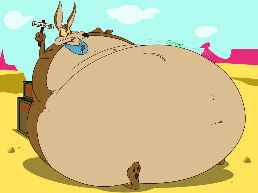 ambiguous_gender anthro belly big_belly bloated canid canine canis coyote desert hi_res inflation kylestudios looney_tunes mammal overweight warner_brothers weight_gain wile_e._coyote