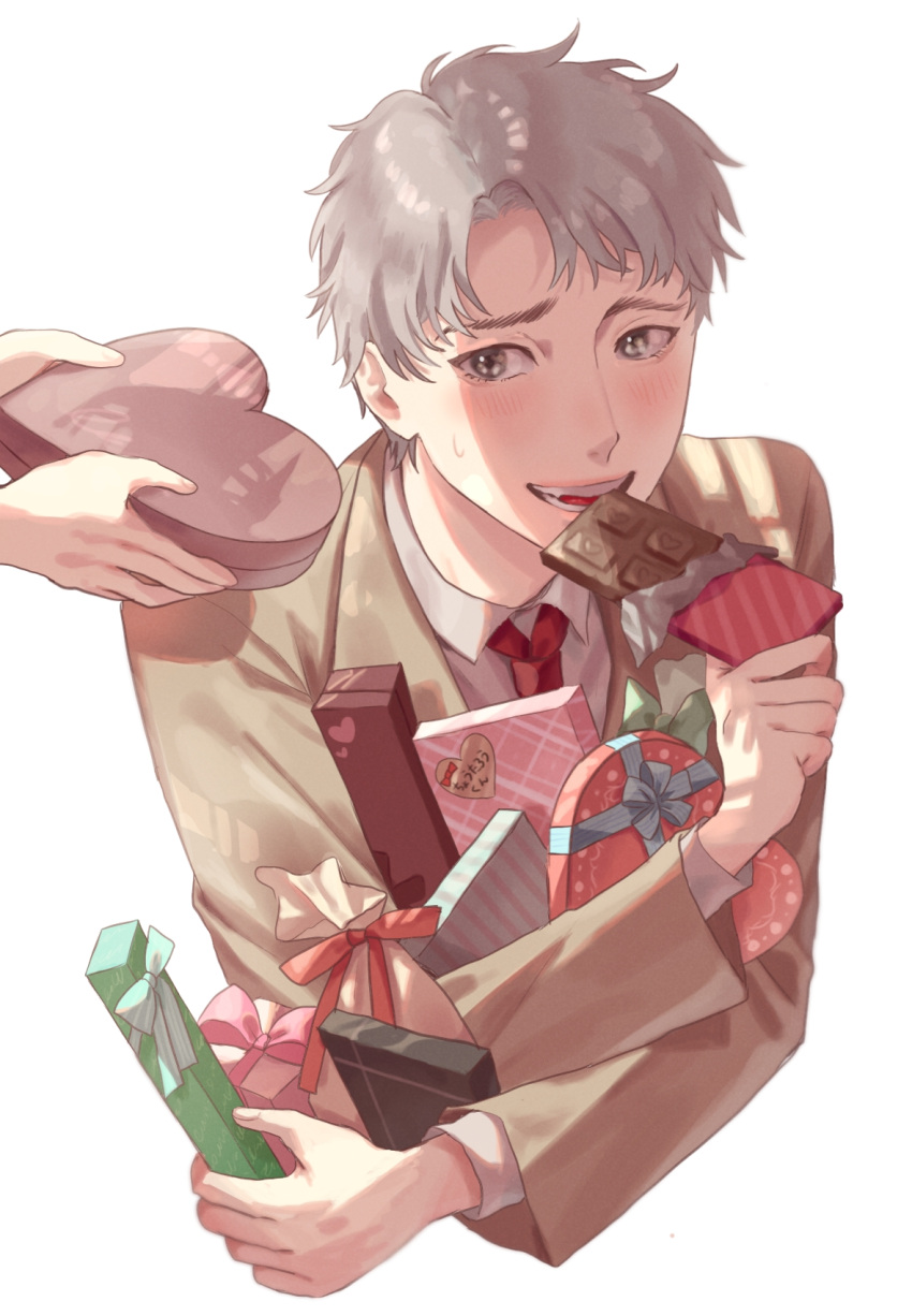 1boy 1other bangs biting blue_ribbon blush bow box candy character_request chocolate chocolate_bar dress_shirt food food_wrapper formal gift gift_bow gift_box giving green_ribbon grey_eyes grey_jacket grey_suit heart heart-shaped_box highres holding holding_chocolate holding_food holding_gift jacket long_sleeves loveodoro necktie object_hug open_mouth open_wrapper original parted_bangs pink_bow red_necktie red_ribbon ribbon shirt short_hair shy suit upper_body white_background white_shirt