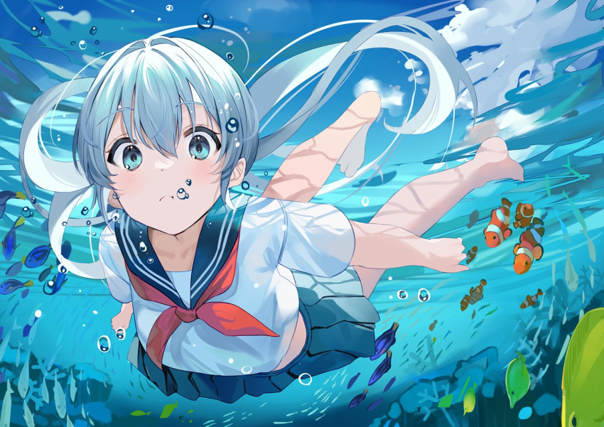 1girl aroa_(aroamoyasi) barefoot blue_eyes blue_hair blue_sailor_collar blue_skirt blue_sky bubble cloud clownfish collarbone dress fish holding_breath light_blue_hair long_hair looking_at_viewer midriff_peek original pleated_skirt sailor_collar sailor_dress school_of_fish school_uniform skirt sky solo underwater