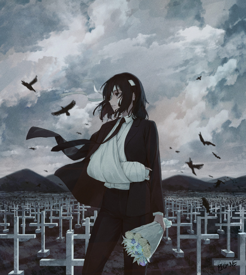 1girl absurdres arm_rest bandaged_arm bandaged_head bandages bird black_hair black_necktie black_pants bouquet chainsaw_man cloud cloudy_sky collared_shirt cross crow eyepatch flower formal grave graveyard highres himeno_(chainsaw_man) mountainous_horizon necktie pants pigone scenery shirt shirt_tucked_in short_hair sky solo standing suit white_shirt