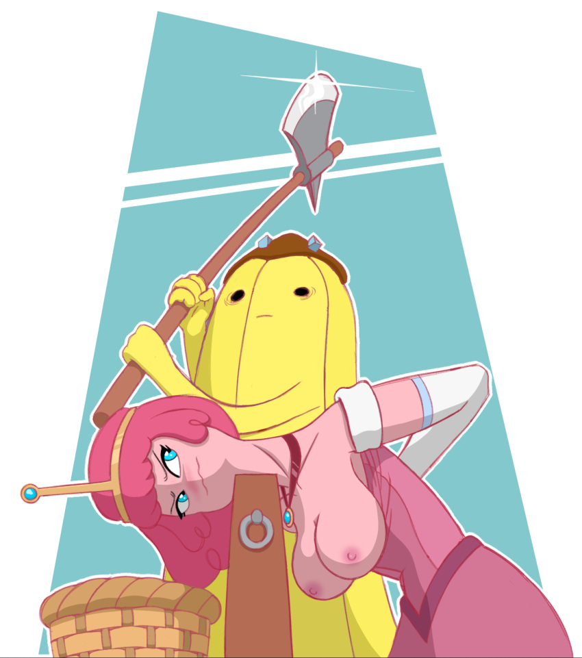 abstract_background adventure_time axe banana_guard basket big_breasts blush breasts cartoon_network chopping_block clothing container crown dress duo execution executioner female food_hair hair hands_tied_behind_back hi_res humanoid imminent_death jewelry male melee_weapon necklace not_furry pink_body pink_hair princess princess_bubblegum royalty unknown_artist weapon yellow_body