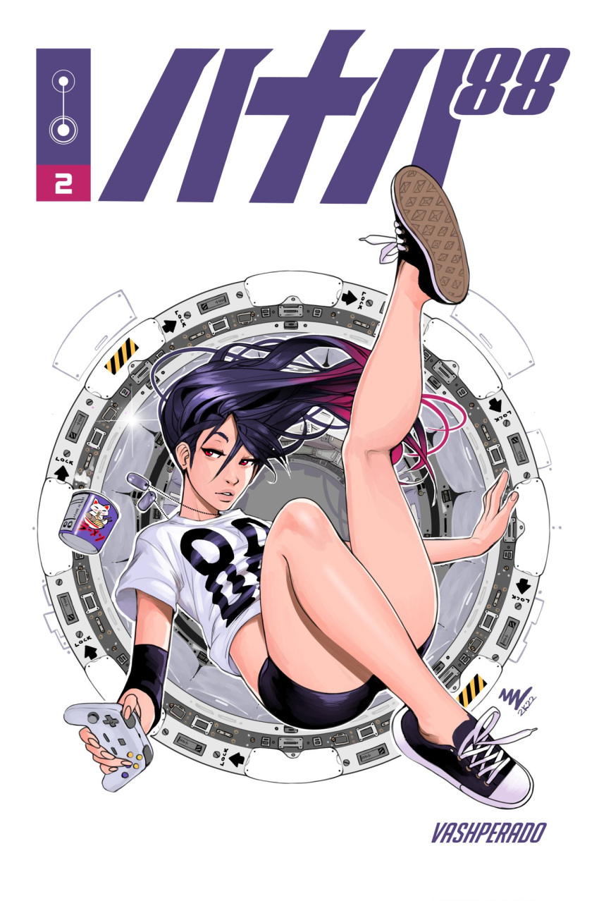 1girl 88_(vashperado) bags_under_eyes black_footwear black_shorts breasts controller cover cover_page cup_ramen dog_tags elbow_pads english_commentary floating_hair full_body game_controller gamepad gradient_hair highres holding lips long_hair looking_to_the_side multicolored_hair original purple_hair red_eyes shirt shoes short_shorts shorts single_elbow_pad small_breasts sneakers solo spacecraft_interior t-shirt vashperado white_shirt wireless zero_gravity