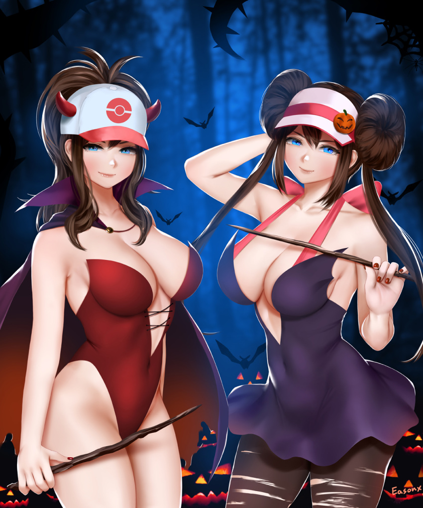 2girls baseball_cap bat_(animal) blue_eyes bow breasts brown_hair cape cleavage covered_navel demon_girl demon_horns double_bun dress easonx english_commentary fake_horns forest hair_bun halloween hat highres hilda_(pokemon) holding holding_wand horned_hat horned_headwear horns jack-o'-lantern jack-o'-lantern_hat_ornament large_breasts leotard light_smile looking_at_viewer multiple_girls nature night pantyhose pink_bow pokemon pokemon_(game) pokemon_bw purple_cape purple_dress red_leotard rosa_(pokemon) signature silk spider_web thong_leotard torn_clothes torn_pantyhose twintails visor_cap wand witch