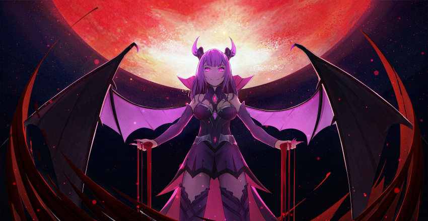 1girl akashic_chronicle alice_(akashic_chronicle) bare_shoulders blood blood_on_hands breasts demon_girl demon_horns demon_wings detached_sleeves fingernails glowing glowing_eyes highres horns jewelry large_breasts long_fingernails looking_at_viewer looking_down moon nail_polish night night_sky pink_hair pink_nails red_moon saltedfish-lle sky smile solo wings zettai_ryouiki