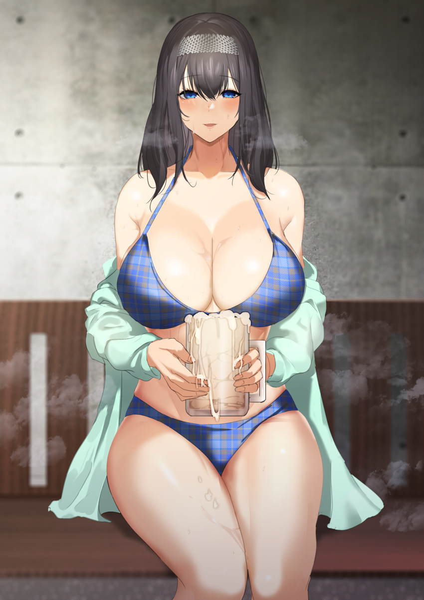 1girl aji_(sakanaaj1) bangs bare_shoulders bikini black_hair blue_bikini blue_eyes blush breasts cleavage cum cum_in_container cum_in_cup highres idolmaster idolmaster_cinderella_girls large_breasts long_hair looking_at_viewer off_shoulder sagisawa_fumika sitting swimsuit thighs