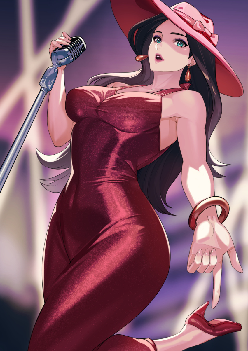 1girl absurdres bangs bare_shoulders bracelet breasts brown_hair covered_navel dress earrings eyeshadow green_eyes hat high_heels highres jewelry kagematsuri large_breasts long_hair looking_at_viewer makeup mario_(series) microphone microphone_stand open_mouth pauline_(mario) red_dress red_footwear red_headwear red_lips revision solo sun_hat super_mario_odyssey