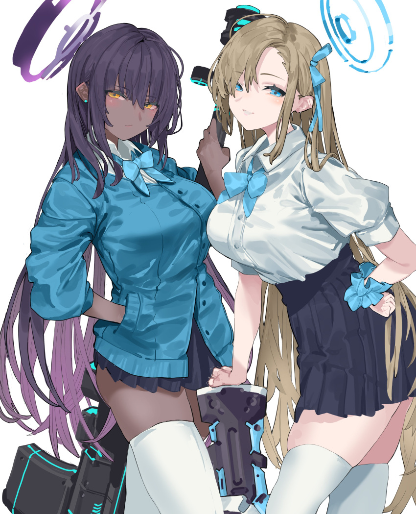 2girls absurdly_long_hair absurdres anti-materiel_rifle aqua_bow aqua_bowtie assault_rifle asuna_(blue_archive) bangs black_hair blue_archive blue_cardigan blue_eyes bow bowtie boys_anti_tank_rifle breasts brown_hair cardigan collared_shirt dark-skinned_female dark_skin earrings gradient_hair gun hair_over_one_eye hair_ribbon halo hand_in_pocket hand_on_hip high-waist_skirt highres jewelry karin_(blue_archive) kazukingu large_breasts long_hair looking_at_viewer miniskirt multicolored_hair multiple_girls pleated_skirt purple_hair ribbon rifle school_uniform scrunchie shirt skindentation skirt sniper_rifle thighhighs very_long_hair weapon white_background white_hair white_thighhighs wrist_scrunchie yellow_eyes