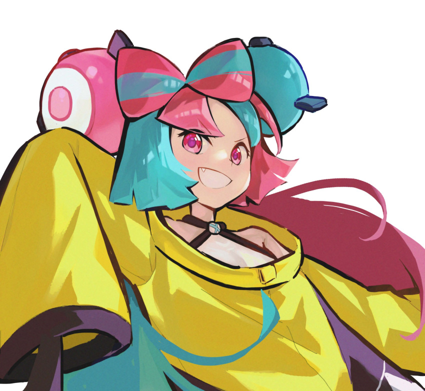 1girl :d blue_hair bow-shaped_hair coat fang fuxiang halterneck highres iono_(pokemon) light_blue_hair long_hair long_sleeves magnemite magnet multicolored_hair one-eyed open_mouth pink_eyes pink_hair pokemon pokemon_(creature) pokemon_(game) pokemon_sv simple_background sleeves_past_fingers sleeves_past_wrists smile two-tone_hair v-shaped_eyebrows white_background yellow_coat