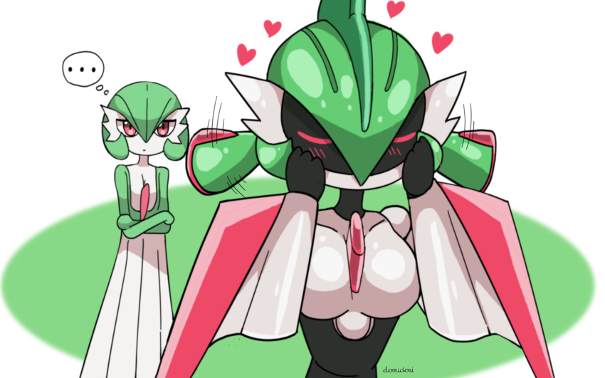 ... 2girls arm_blade artist_name bangs black_skin blush bob_cut breasts closed_eyes closed_mouth collarbone colored_skin commentary_request crossed_arms domidori expressionless expressive_hair flat_chest fusion gallade gardevoir green_background green_hair green_skin hair_between_eyes half-closed_eyes hands_on_own_cheeks hands_on_own_face hands_up heart highres humanoid_robot iron_valiant jitome joints light_blush looking_at_another medium_breasts medium_hair mohawk motion_lines multicolored_hair multicolored_skin multiple_girls no_mouth pokemon pokemon_(creature) red_eyes red_hair robot robot_girl robot_joints shiny shiny_skin short_hair signature simple_background spoken_ellipsis thought_bubble twintails two-tone_background two-tone_hair two-tone_skin u_u weapon white_skin yuri