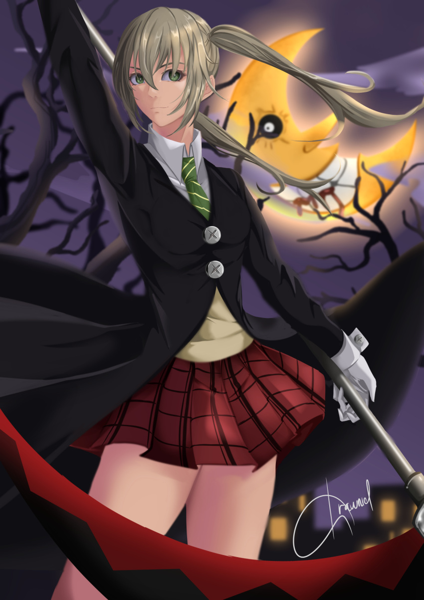 bare_tree blood blood_from_mouth brown_shirt building buttons clenched_teeth cloud crescent_moon drawnielart forest green_eyes green_necktie grey_hair highres holding holding_scythe holding_weapon long_coat maka_albarn moon nature necktie night night_sky plaid plaid_skirt red_skirt school_uniform scythe shirt short_twintails signature skirt sky soul_eater striped_necktie teeth tree twintails undershirt weapon window