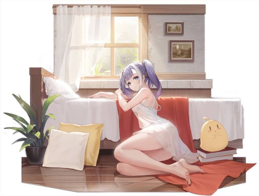 1girl ahoge animal atelier_(series) atelier_ryza atelier_ryza_2 azur_lane bangs bare_arms bare_shoulders barefoot bed bed_sheet bird blue_eyes book braid breasts curtains day fingernails flower_pot full_body highres indoors long_hair looking_at_viewer manjuu_(azur_lane) medium_breasts nightgown official_art patricia_abelheim patricia_abelheim_(rest_betwixt_dreams_and_reality) pillow plant purple_hair reflection see-through shiny shiny_hair simple_background sitting thighs toes twintails white_hair window wooden_floor