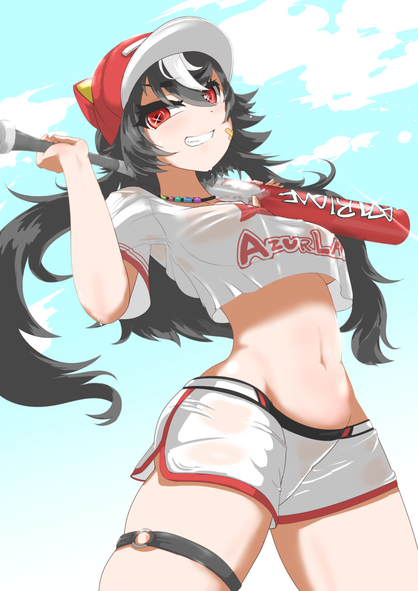 azur_lane bandaid bandaid_on_face baseball baseball_bat baseball_cap black_hair cloud copyright_name crop_top hat highres holding holding_baseball_bat long_hair navel o-ring_thigh_strap red_headwear sansei shirt shorts smile white_shirt white_shorts z16_(azur_lane)