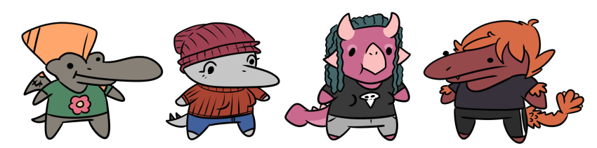 adam_(gvh) anthro babs_(gvh) beanie chibi clothed clothing dinosaur dreadlocks dromaeosaurid erin_(snoot_game) facial_horn feathered_tail feathers female goodbye_volcano_high green_hair grey_body group hair hat headgear headwear hi_res horn long_image long_snout male multicolored_body naser_(gvh) nrool orange_hair pink_body pterodactylus pterosaur red_body reptile scalie snoot_game_(fan_game) snout theropod toony two_tone_body velociraptor video_games wide_image wings