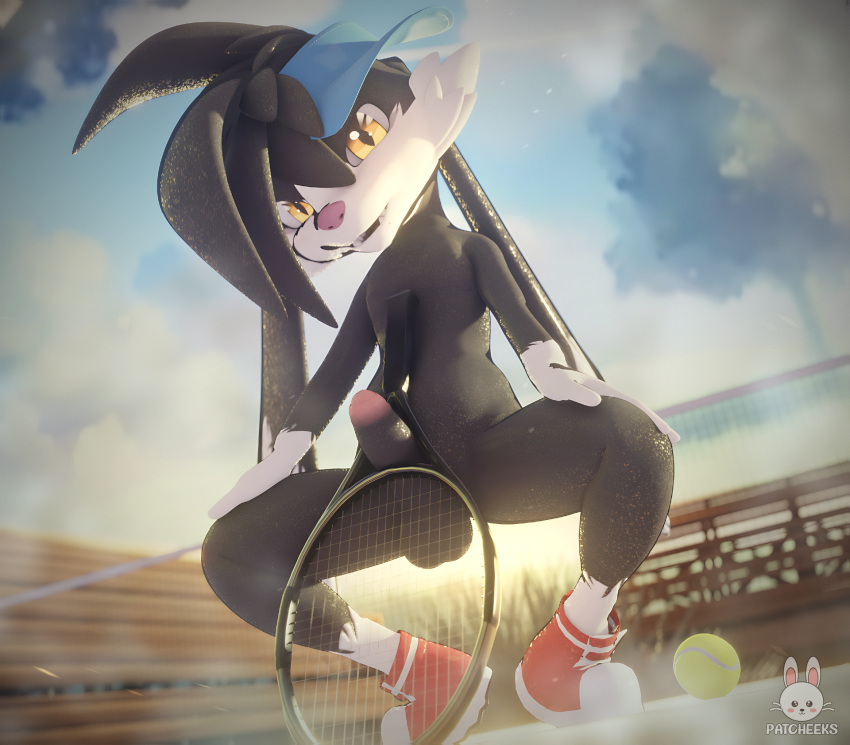 2022 anthro artist_name ball balls bandai_namco black_body black_fur blue_cap clothing digital_media_(artwork) digitigrade domestic_cat felid feline felis floppy_ears footwear fur genitals hat headgear headwear hi_res klonoa klonoa_(series) male mammal patcheeks penis plantigrade public public_nudity shoes solo sport tennis tennis_ball tennis_court tennis_racket video_games watermark white_body white_fur