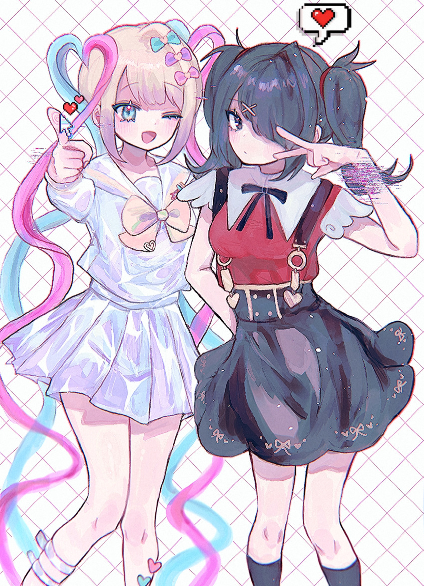 2girls ame-chan_(needy_girl_overdose) black_eyes black_hair black_ribbon blue_eyes blue_hair blush bow chouzetsusaikawa_tenshi-chan cursor feet_out_of_frame glitch grey_hair hair_bow heart highres holographic_clothing iridescent kneehighs long_hair looking_at_viewer morita_(pixiv31883607) multiple_girls multiple_hair_bows neck_ribbon needy_girl_overdose one_eye_closed open_mouth pin pink_hair pleated_skirt pointing quad_tails ribbon school_uniform serafuku skirt socks spoken_heart suspender_skirt suspenders twintails v very_long_hair