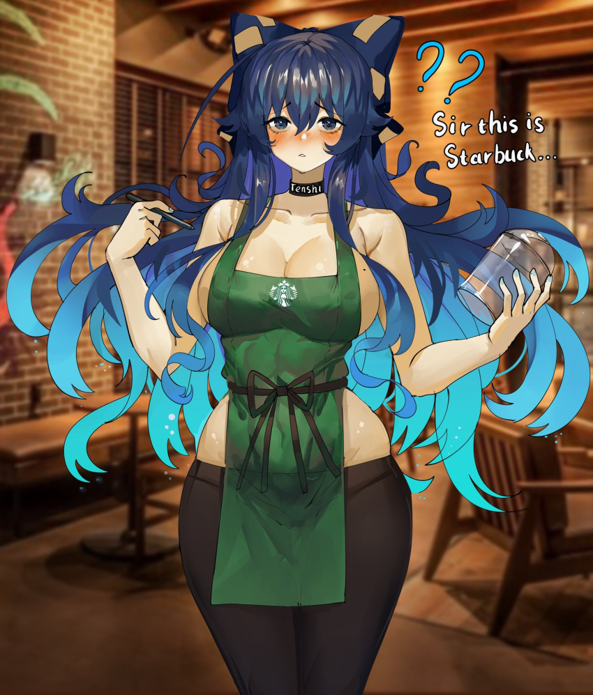 ? ?? apron black_choker black_pants blue_bow blue_eyes blue_hair blurry blurry_background blush bow breasts choker cleavage clothes_writing curvy debt english_commentary english_text gradient_hair green_apron groin hair_bow highres indoors large_breasts long_hair looking_at_viewer multicolored_hair naked_apron pants starbucks tomatolover16 touhou wide_hips yorigami_shion