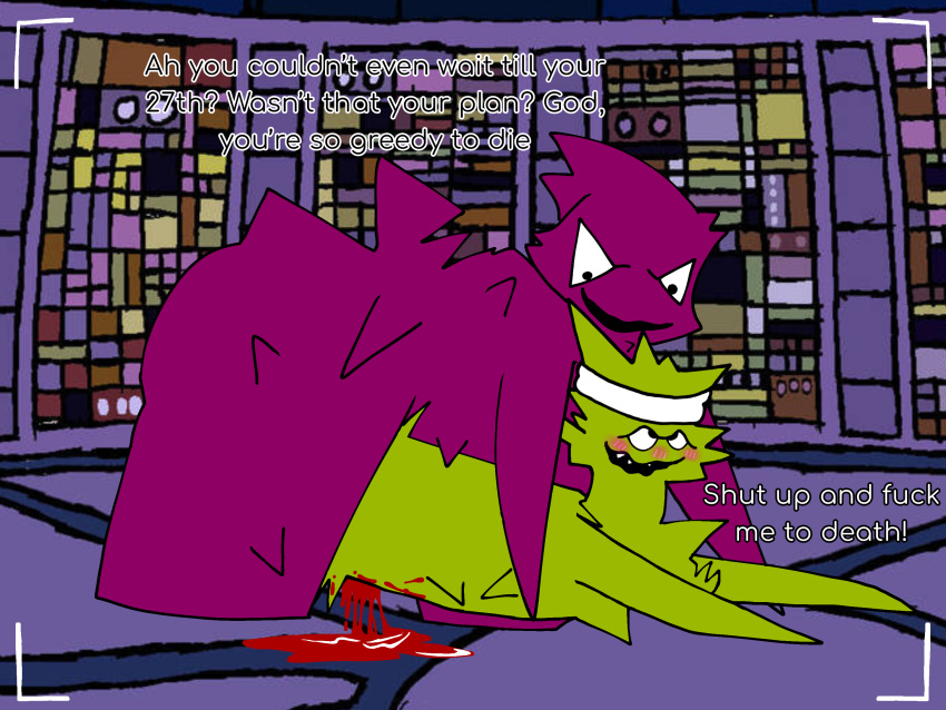 adult_swim alien aqua_teen_hunger_force blood blood_from_ass blood_in_ass blush blush_lines bodily_fluids bodily_fluids_drip cartoon_network dark_purple_skin death dying emory_(athf) fan_character forced gore green_body green_skin grimace grotesque grotesque_death gurokappa hi_res humping male male/male mammal penetration plutonian_(athf) rape sex sweatband taradoggo warner_brothers white_sweatband