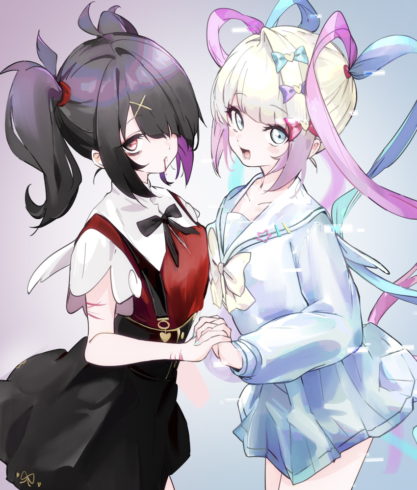 2girls absurdres ame-chan_(needy_girl_overdose) black_ribbon blood blood_from_mouth blue_eyes blue_hair blush bow chouzetsusaikawa_tenshi-chan cowboy_shot cuts glitch hair_ornament hair_over_one_eye highres holding_hands injury interlocked_fingers long_hair looking_at_viewer multicolored_hair multiple_girls neck_ribbon needy_girl_overdose ocha_(popopogg) open_mouth pin pink_hair quad_tails ribbon school_uniform serafuku skirt smile suspender_skirt suspenders twintails very_long_hair white_hair x_hair_ornament