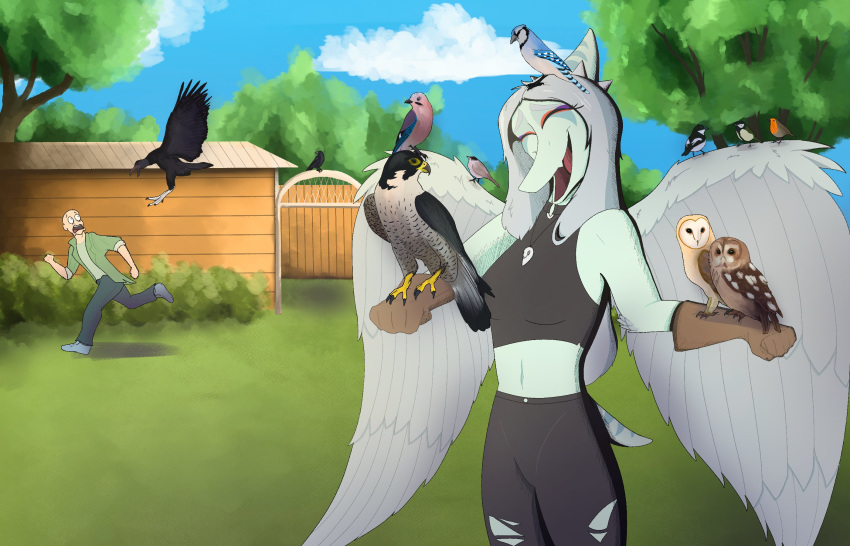 5_fingers accipitriform anon_(snoot_game) anthro avian big_wings bird blue_body blue_jay bottomwear breasts clothing cloud corvid crezz_crow crop_top eyeliner eyes_closed falcon falconid falconry falconry_glove fang_(gvh) feathered_wings feathers feral fingers goodbye_volcano_high grey_hair group hair hi_res human humor jay_(bird) makeup mammal midriff navel new_world_jay open_mouth open_smile oscine owl pants passerine pendant plant pterodactylus pterosaur reptile running scalie shaded shirt short_tail smile snoot_game_(fan_game) solo_focus topwear torn_bottomwear torn_clothing torn_pants tree vulture wings