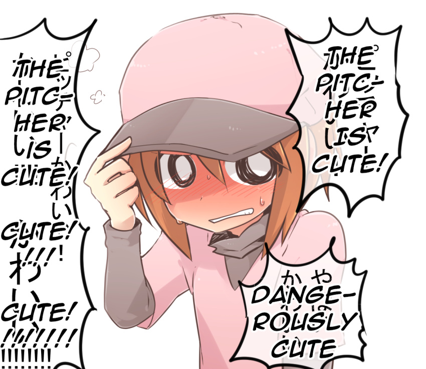 1girl adjusting_clothes adjusting_headwear bangs baseball_cap blush bright_pupils brown_hair clenched_teeth dress embarrassed full-face_blush grey_shirt hair_between_eyes hand_to_head hard_translated hat head_steam ijimeka_(meme) jiima_tarou layered_clothes meme minna_no_rhythm_tengoku nose_blush pink_dress pink_headwear pitcher_(rhythm_tengoku) rhythm_tengoku shirt short_hair simple_background solo teeth third-party_edit translated turtleneck undershirt upper_body white_background white_pupils