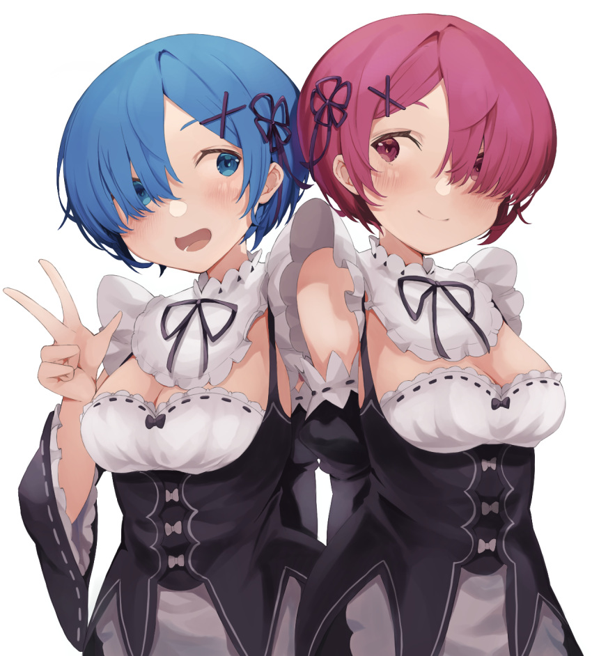 2girls blue_eyes blue_hair breasts cleavage closed_mouth detached_sleeves eye_contact frilled_sleeves frills hair_ornament hair_over_one_eye hair_ribbon hand_up highres looking_at_another maid maid_headdress multiple_girls open_mouth pink_eyes pink_hair ram_(re:zero) re:zero_kara_hajimeru_isekai_seikatsu rem_(re:zero) ribbon roswaal_mansion_maid_uniform shiro_(koob173) short_hair siblings simple_background sisters smile twins v white_background x_hair_ornament