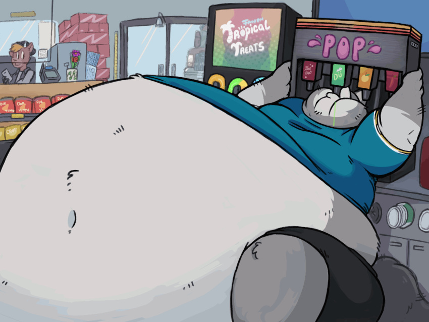 2020 4:3 animated anthro belly belly_expansion belly_inflation beverage big_belly big_cheeks black_bottomwear black_clothing black_shorts bloated blonde_hair blue_clothing blue_shirt blue_t-shirt blue_topwear bottomwear brown_body brown_fur canid canine canis chugging clothing drinking duo english_text expansion exposed_belly fur gas_station grey_body grey_fur grey_tail hair hat headgear headwear huge_cheeks hyper hyper_belly inflation inside looking_at_another loop male mammal midriff navel obese obese_anthro obese_male overweight overweight_anthro overweight_male plushclover shirt short_playtime shorts sitting soda soda_fountain solo_focus swallowing t-shirt text topwear weight_gain wolf