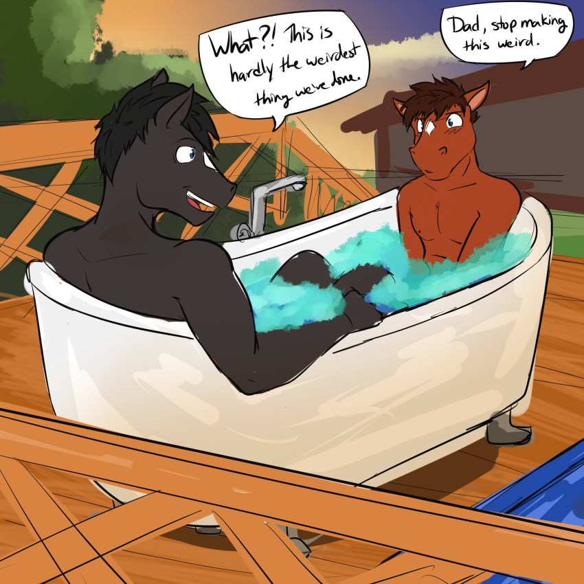 anthro awkward bathing bathing_together bathtub blake_jackson dialogue duo english_text equid equine father father_and_child father_and_son fuze hi_res horse male mammal nude outside parent parent_and_child partially_submerged sam_jackson son texnatsu text water