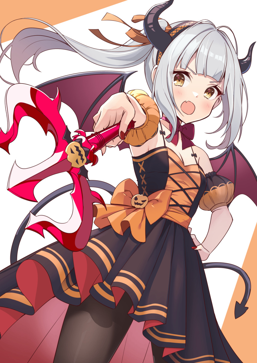 1girl alternate_costume alternate_legwear angry bare_shoulders black_dress black_pantyhose breasts demon_costume demon_girl demon_tail demon_wings detached_sleeves diadem dress fake_horns fang grey_hair halloween_costume highres holding_trident horns kantai_collection kasumi_(kancolle) long_hair looking_at_another nueco open_mouth orange_background orange_dress orange_ribbon pantyhose puffy_short_sleeves puffy_sleeves ribbon sash short_sleeves side_ponytail small_breasts solo spaghetti_strap tail two-tone_background two-tone_dress white_background wings yellow_eyes