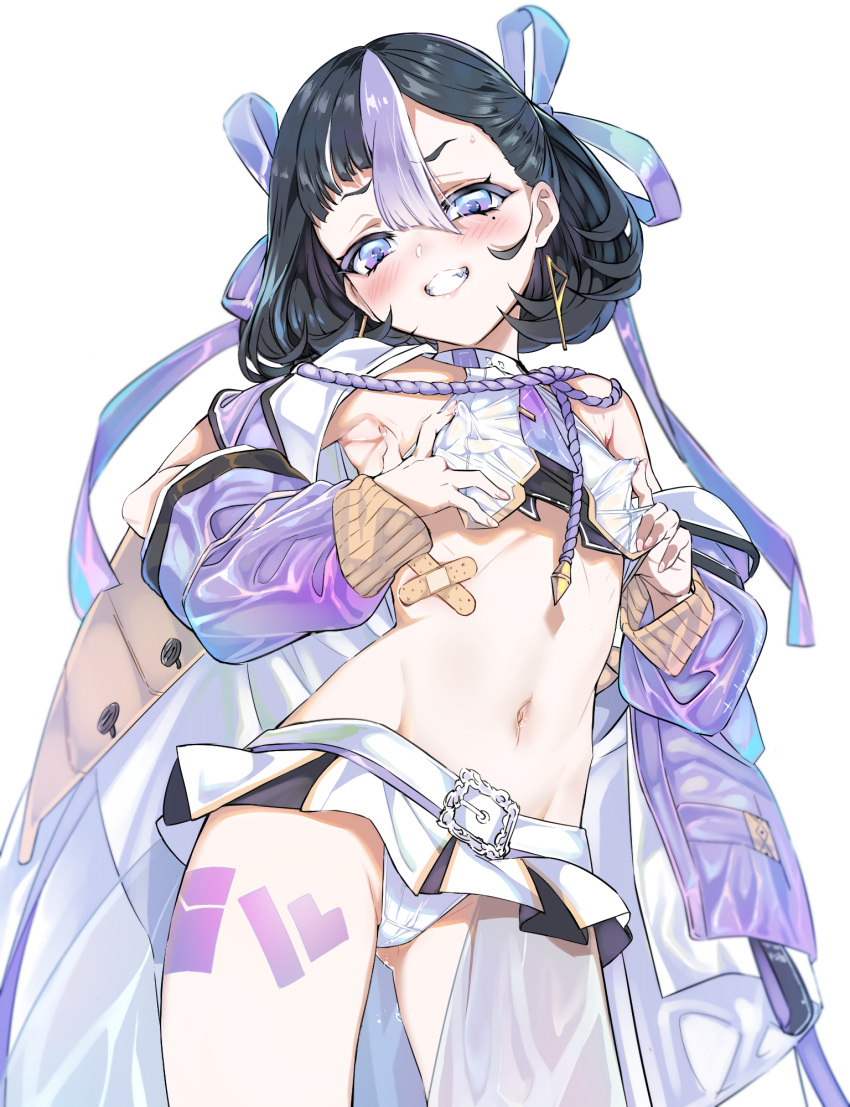 1girl bandaid bangs black_hair blue_eyes blush breasts coat covered_nipples crop_top crossed_bandaids earrings erect_clitoris goddess_of_victory:_nikke grabbing_own_breast grin hair_ribbon highres jewelry leg_tattoo long_sleeves looking_at_viewer mole mole_under_eye multicolored_eyes multicolored_hair navel niko_(tama) open_clothes open_coat panties purple_eyes purple_hair ribbon short_hair simple_background skirt small_breasts smile solo streaked_hair syuen_(nikke) tattoo underwear white_background white_panties