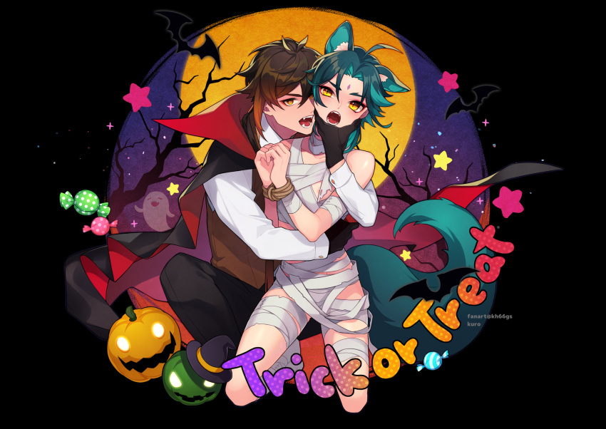 2boys animal_ears bandaid bangs black_cape black_pants brown_hair brown_vest candy_apple cape food fox_ears fox_tail genshin_impact green_hair green_tail hair_between_eyes hat highres jack-o'-lantern jewelry kh66gs long_hair long_sleeves male_focus multicolored_hair multiple_boys mummy mummy_costume open_mouth pants short_hair tail trick_or_treat vampire vampire_costume vest witch_hat xiao_(genshin_impact) yaoi yellow_eyes zhongli_(genshin_impact)
