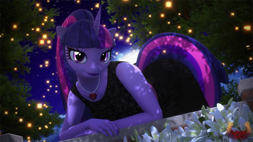 absurd_res clothing dress equid equine female friendship_is_magic fur hair hasbro hi_res horn huge_filesize jewelry looking_at_viewer loveslove mammal my_little_pony necklace night ponytail purple_body purple_eyes purple_fur purple_hair solo twilight_sparkle_(mlp) unicorn