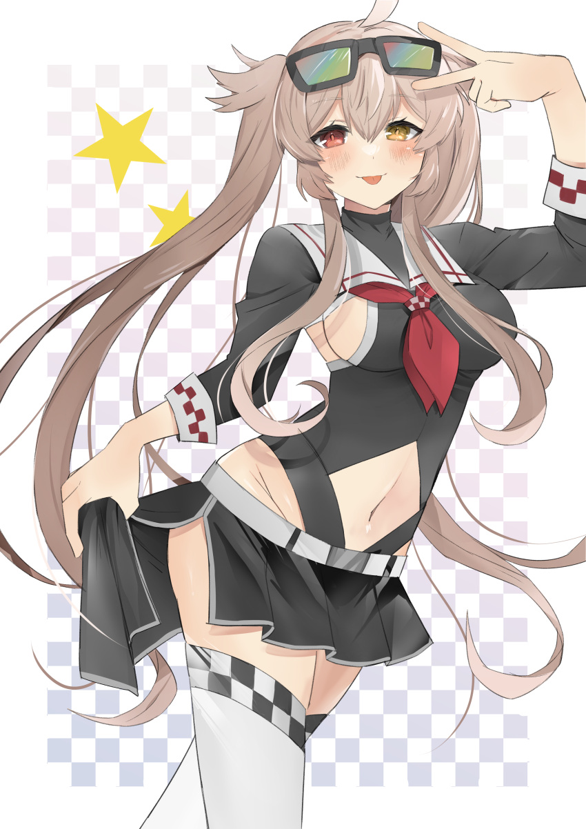1girl absurdres adapted_costume black_skirt breasts brown_eyes checkered_background eyewear_on_head hair_flaps heterochromia highres kantai_collection leotard light_brown_hair long_hair long_sleeves medium_breasts murasame_(kancolle) murasame_kai_ni_(kancolle) neckerchief official_alternate_costume race_queen red_eyes red_neckerchief sailor_collar skirt solo sunglasses thighhighs toriniku_senshi_chikinman twintails two_side_up white_background white_sailor_collar white_thighhighs