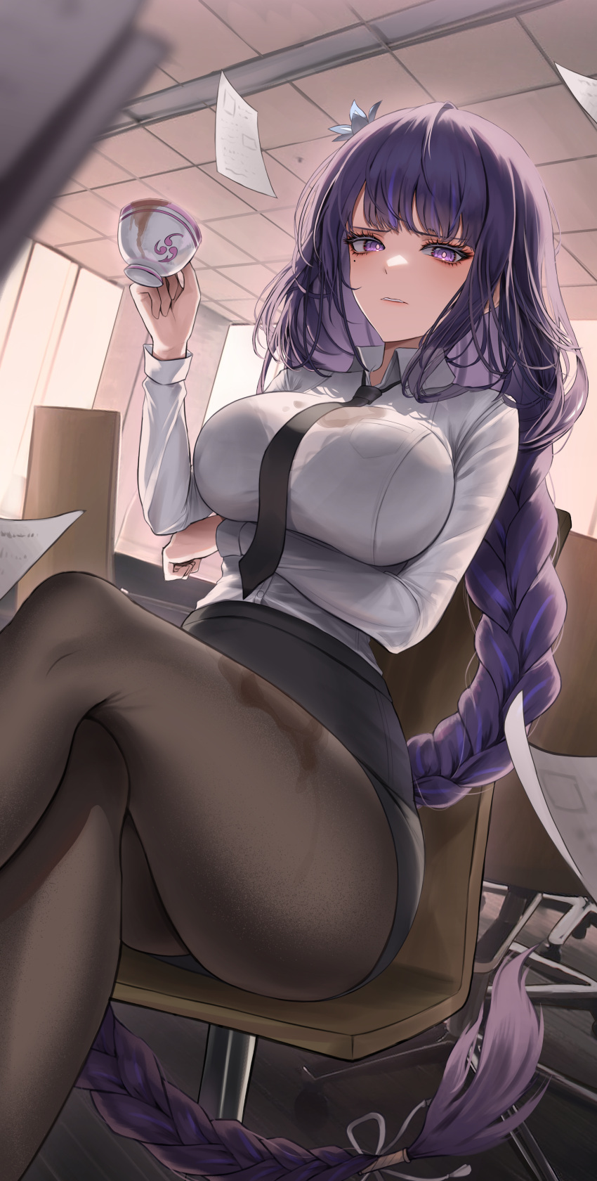 1girl absurdres black_necktie black_skirt braid breasts brown_pantyhose crossed_legs cup formal genshin_impact highres holding holding_cup indoors large_breasts long_hair looking_at_viewer necktie office_lady pantyhose parted_lips purple_eyes purple_hair raiden_shogun see-through see-through_shirt shirt sitting skirt skirt_suit solo suit teacup very_long_hair wet wet_clothes wet_pantyhose wet_shirt white_shirt yoonsol