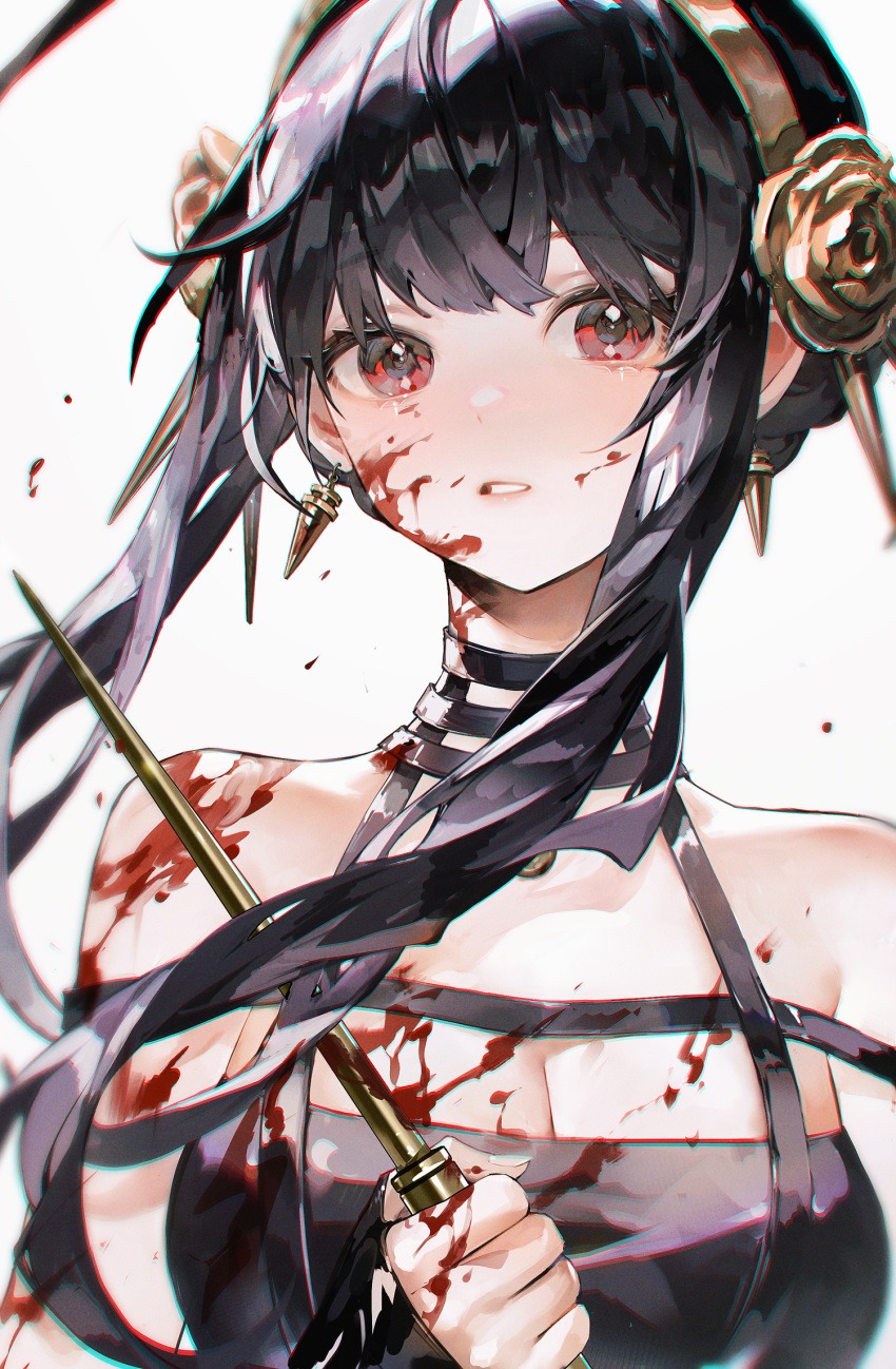 1girl bangs bare_shoulders black_dress black_hair blood blood_on_clothes blood_on_face breasts brown_flower brown_hairband brown_rose cleavage commentary_request dress floating_hair flower hair_flower hair_ornament hairband highres holding long_hair looking_at_viewer medium_breasts parted_lips pino_ko red_eyes rose simple_background solo spy_x_family upper_body white_background yor_briar