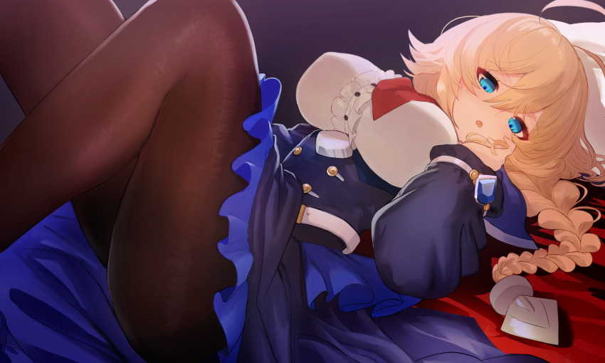 1girl ahoge blazblue blonde_hair blue_dress blue_eyes braid breasts brown_pantyhose dress es_(xblaze) highres large_breasts long_hair lying on_back on_bed pantyhose single_braid solo tea-supun xblaze xblaze_code:_embryo