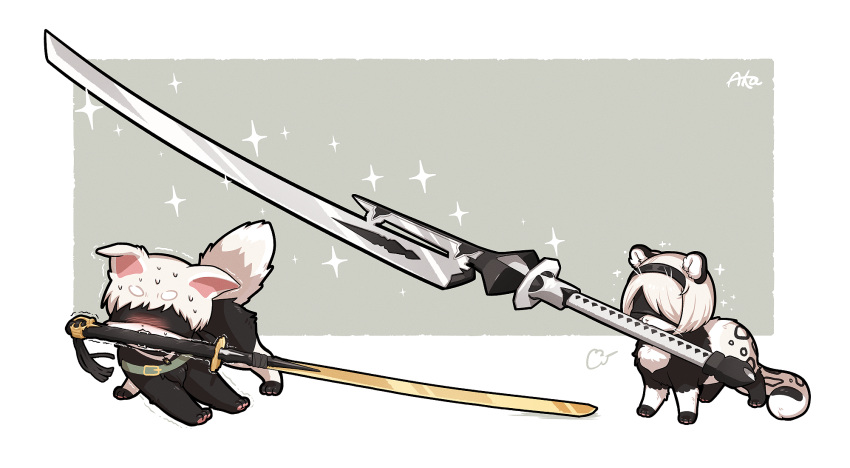 blindfold blush canid canine canis clothed clothing digital_media_(artwork) domestic_dog duo felid female feral fur hair hi_res holding_object holding_sword holding_weapon male mammal melee_weapon missaka nier_automata object_in_mouth pantherine simple_background size_difference snow_leopard sword sword_in_mouth video_games weapon white_body white_fur yorha_2b yorha_9s