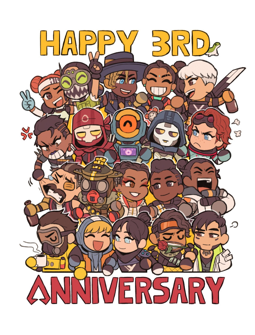 &gt;_&lt; 1other 6+boys 6+girls :d ^_^ ambiguous_gender android animification anniversary apex_legends arm_around_shoulder ash_(titanfall_2) bandana bangalore_(apex_legends) black_bodysuit black_eyes black_gloves black_hair black_headwear black_sclera blonde_hair bloodhound_(apex_legends) blue_bodysuit blue_eyes blue_gloves blue_headwear blue_jacket blue_shirt bodysuit bottle braid brown_eyes brown_hair caustic_(apex_legends) cheek_pull chest_harness chibi closed_eyes colored_sclera crypto_(apex_legends) cup dark-skinned_female dark-skinned_male dark_skin detached_sleeves double_bun dreadlocks english_commentary everyone eyeshadow facial_hair fingerless_gloves flower flower_in_mouth frown fuse_(apex_legends) gibraltar_(apex_legends) gloves goatee goggles green_vest grey_hair hair_behind_ear hair_bun harness headband highres holding holding_bottle holding_cup hood hood_up horizon_(apex_legends) humanoid_robot jacket laughing lifeline_(apex_legends) loba_(apex_legends) looking_to_the_side mad_maggie_(apex_legends) makeup mask mirage_(apex_legends) mouth_mask mug multiple_boys multiple_girls nessie_(respawn) octane_(apex_legends) one_eye_closed open_mouth orange_bodysuit orange_jacket pathfinder_(apex_legends) rampart_(apex_legends) rebreather red_bandana red_eyeshadow red_flower red_rose revenant_(apex_legends) ribbed_bodysuit robot rose scar scar_across_eye seer_(apex_legends) shirt short_hair side_ponytail simulacrum_(titanfall) single_hair_bun sky_(skyblitzhart) smile solid_eyes tank_top tearing_up twin_braids undercut v v-shaped_eyebrows valkyrie_(apex_legends) vest wattson_(apex_legends) white_background white_headband white_tank_top wraith_(apex_legends) yellow_bodysuit yellow_eyes