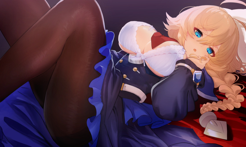 1girl ahoge blazblue blonde_hair blue_dress blue_eyes bra braid breasts brown_pantyhose cleavage dress es_(xblaze) highres large_breasts long_hair lying on_back on_bed pantyhose single_braid solo tea-supun underwear white_bra xblaze xblaze_code:_embryo