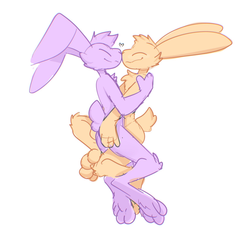 &lt;3 absurd_res anthro butt butt_grab cheek_tuft chest_tuft duo embrace eyes_closed facial_tuft fur hand_on_butt hi_res hug knee_tuft lagomorph leg_tuft leporid love male male/male mammal purple_body purple_fur rabbit simple_background smile the_xing1 tuft white_background yellow_body yellow_fur