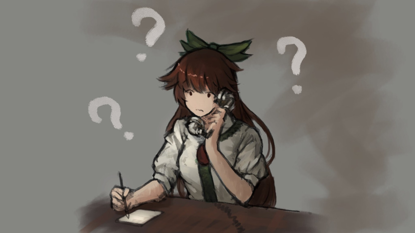 1girl ? bow breasts brown_hair corded_phone hair_bow highres holding holding_pencil long_hair mikado_(winters) notebook pencil phone puffy_short_sleeves puffy_sleeves reiuji_utsuho short_sleeves talking_on_phone touhou writing