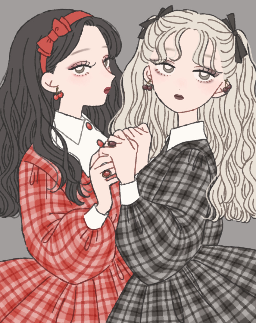 2girls bangs black_hair black_ribbon bow brown_lips buttons cherry_earrings collar dress earrings food-themed_earrings grey_background grey_dress grey_eyes hair_bow hairband highres holding_hands jewelry long_eyelashes long_hair long_sleeves looking_away multiple_girls no_bangs original plaid plaid_dress puffy_long_sleeves puffy_sleeves red_bow red_dress red_hairband ribbon rikuwo ring sleeve_cuffs two-tone_dress white_collar white_hair