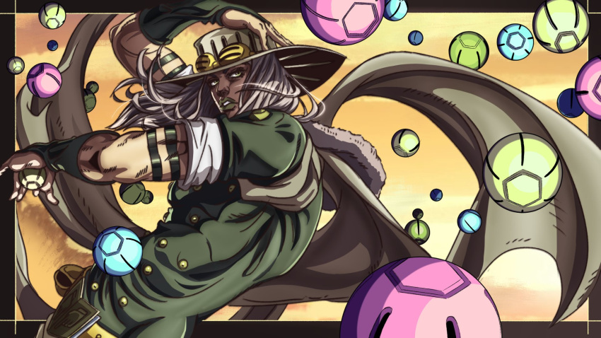 1boy armband goggles goggles_on_headwear grandguerrilla green_eyes green_lips green_shirt grey_hair grey_scarf gyro_zeppeli hand_on_headwear hat highres holding jojo_no_kimyou_na_bouken jojo_pose long_hair looking_at_viewer male_focus parted_lips scarf shirt short_sleeves solo steel_ball_run