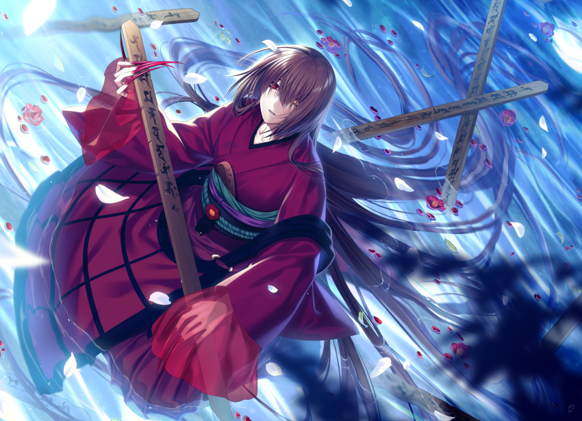 androgynous brown_hair full_body hair_over_one_eye highres long_hair looking_at_viewer one_eye_closed original petals petals_on_liquid red_eyes red_nails see-through see-through_sleeves sitting suzuka_nene tsukumogami very_long_fingernails water