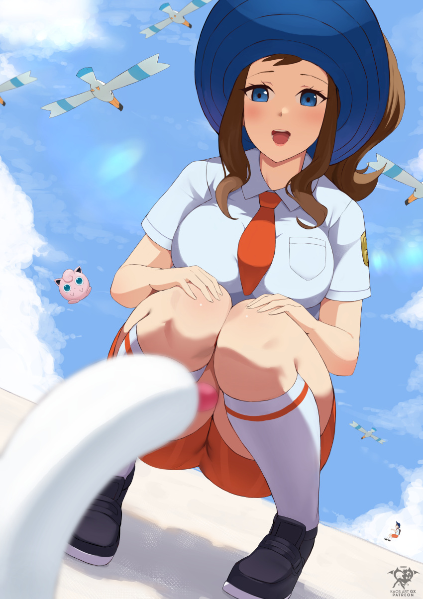 1girl :d absurdres artist_name bird black_footwear blue_eyes blurry breasts brown_hair character_request check_character check_copyright copyright_request depth_of_field highres hilda_(pokemon) jigglypuff kaos_art large_breasts necktie orange_necktie orange_shorts outdoors pokemon pokemon_(game) pokemon_sv shorts skin_tight smile socks squatting sunlight taut_clothes taut_shorts white_socks wiglett wingull