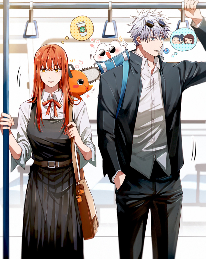 1girl 1other absurdres bag bangs belt black_dress blue_eyes brown_belt chainsaw chainsaw_man dmsco1803 dress glasses gojou_satoru ground_vehicle hand_in_pocket highres jujutsu_kaisen long_hair makima_(chainsaw_man) pochita_(chainsaw_man) red_hair red_ribbon ribbon school_uniform shoulder_bag starbucks thought_bubble train white_hair yellow_eyes