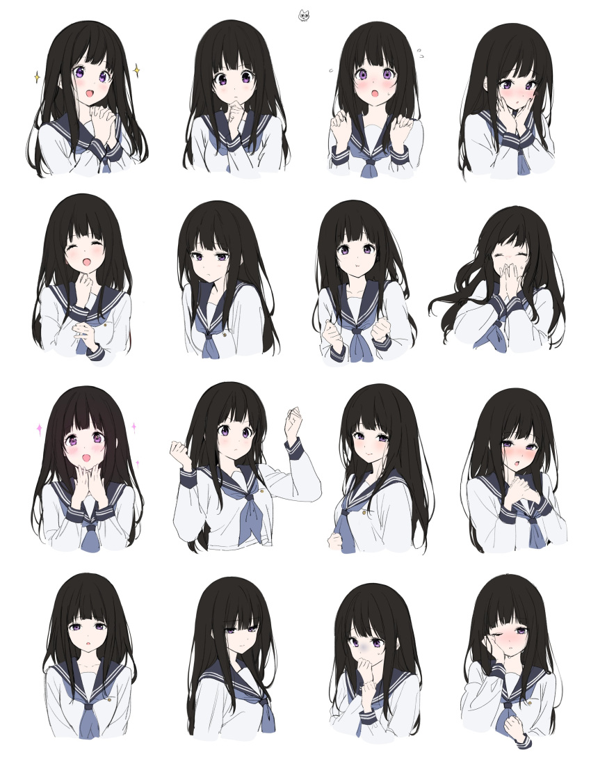 1girl :o absurdres bangs black_hair black_sailor_collar chitanda_eru closed_mouth cropped_torso hand_up hands_over_own_mouth hands_up highres hyouka kamiyama_high_school_uniform_(hyouka) long_hair looking_at_viewer mery_(yangmalgage) multiple_views neckerchief open_mouth pink_neckerchief purple_eyes sailor_collar school_uniform serafuku shirt simple_background white_background white_shirt