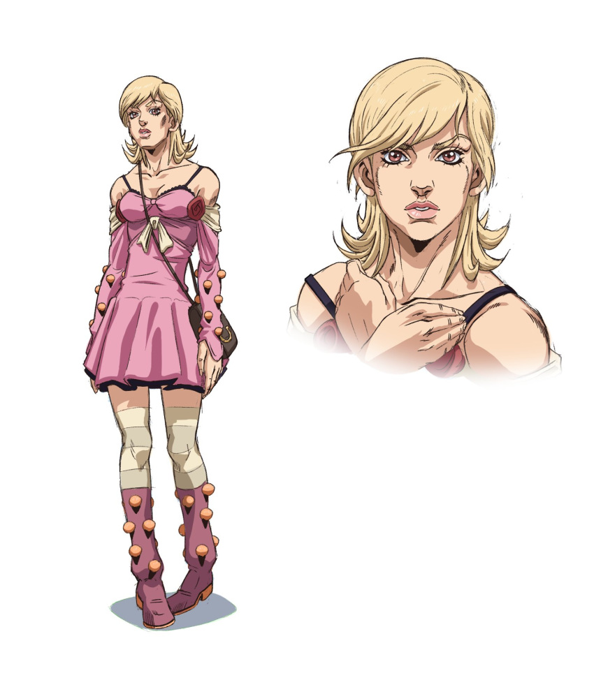 1girl araki_hirohiko_(style) bag bare_shoulders blonde_hair boots bow breasts brown_eyes dress grandguerrilla grey_thighhighs highres jojo_no_kimyou_na_bouken looking_at_viewer lucy_steel medium_breasts medium_hair official_style parted_lips pink_dress pink_footwear shoulder_bag simple_background solo steel_ball_run striped striped_thighhighs thighhighs white_background white_bow