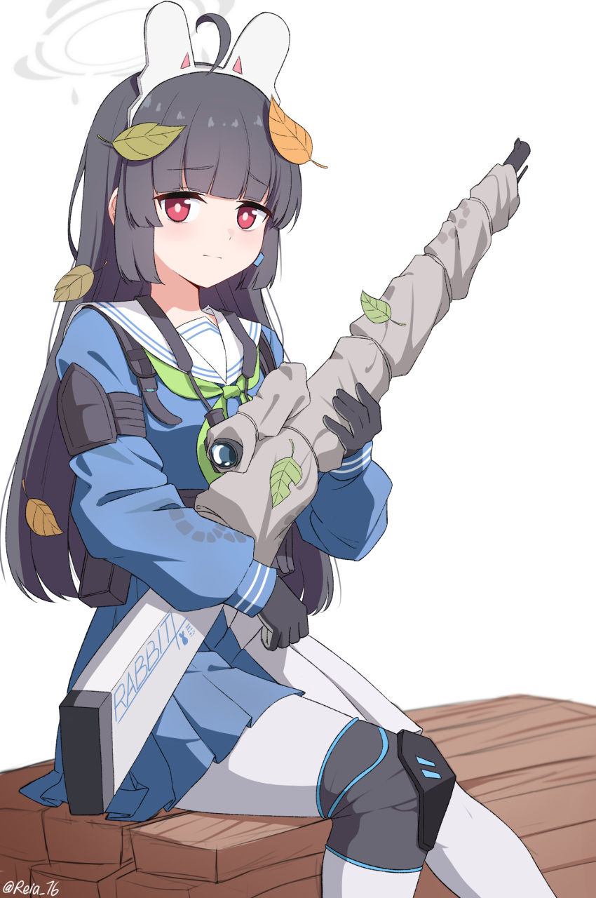 1girl ahoge animal_ears artist_name bangs black_gloves black_hair blue_archive blue_serafuku blunt_bangs bolt_action bright_pupils closed_mouth commentary fake_animal_ears gloves green_neckerchief gun halo highres holding holding_gun holding_weapon knee_pads leaf leaf_on_head long_hair long_sleeves looking_at_viewer miyu_(blue_archive) mosin-nagant neckerchief pantyhose pleated_skirt red_eyes reia_76 rifle school_uniform serafuku sidelocks simple_background sitting skirt sniper_rifle sniper_scope solo twitter_username weapon white_background white_pantyhose