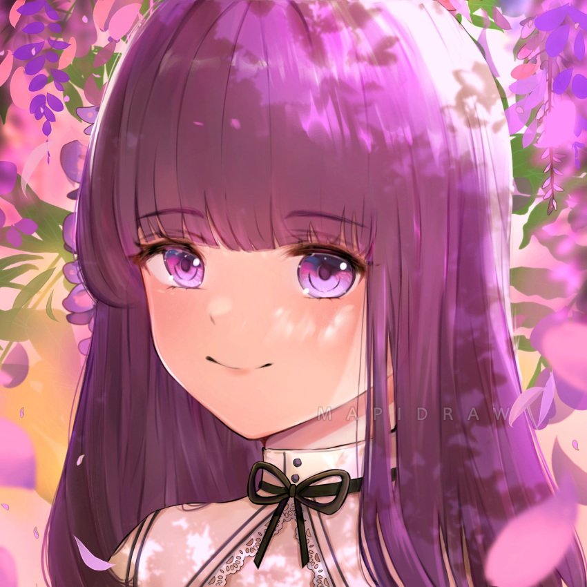 1girl artist_name bangs black_ribbon cardcaptor_sakura close-up collared_dress daidouji_tomoyo dappled_sunlight dress english_commentary floral_background flower highres long_hair mapidraw purple_eyes purple_flower purple_hair ribbon smile solo sunlight watermark white_dress wisteria