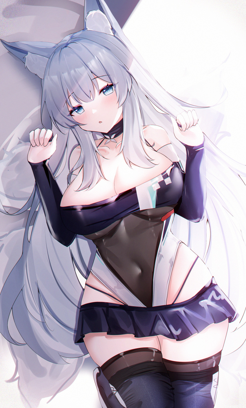 1girl :o absurdres animal_ear_fluff animal_ears azur_lane bangs blue_eyes blush breasts bridal_gauntlets cleavage collarbone covered_navel elbow_gloves fox_ears fox_girl fox_tail gloves halterneck highleg highleg_leotard highres large_breasts leotard long_hair lying miniskirt official_alternate_costume on_side parted_lips pleated_skirt race_queen shinano_(azur_lane) shinano_(moonlit_chrome)_(azur_lane) sidelocks skirt spaghetti_strap tail thong thong_leotard usagi_(786113654) very_long_hair white_background white_hair